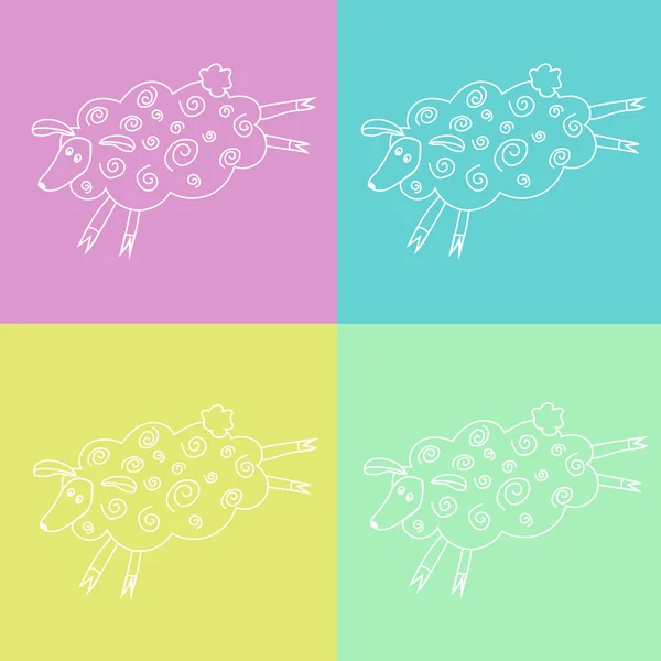 Quatre moutons blancs sur un fond coloré — Image vectorielle