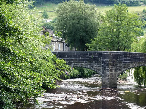 Vue Sur Pont Historique Packhorse Dans Ville Hebden Pont Dans — Photo