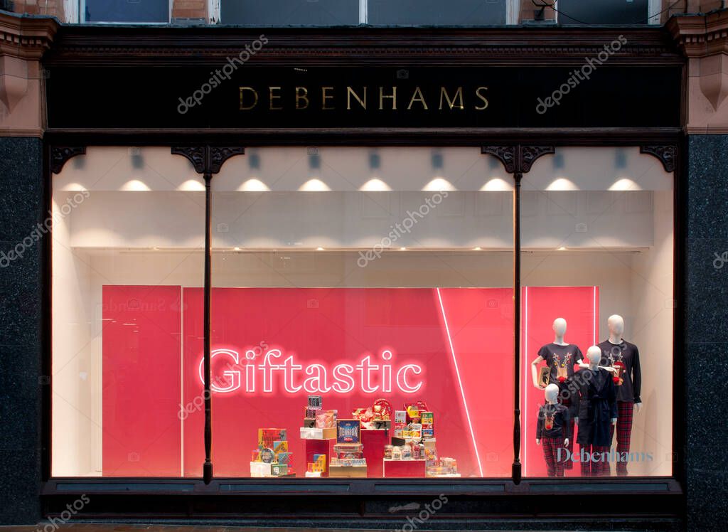 Leeds, west yorkshire, United Kingdom: 18 september 2020: Display of gift ideas in debenhams department store window in Kirkgate leeds