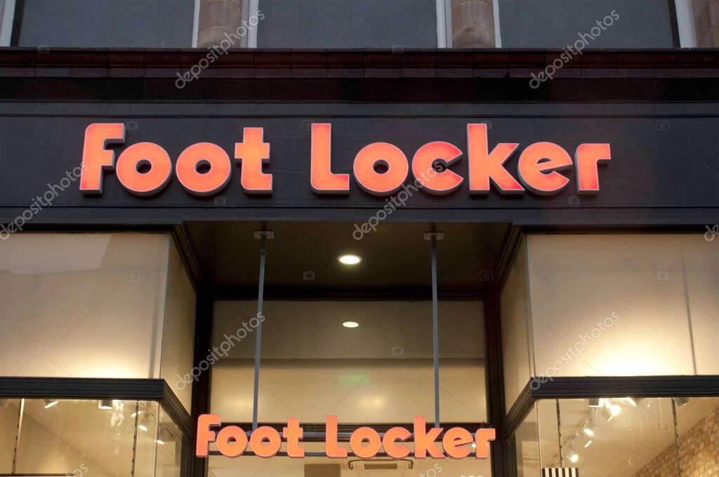 Leeds, west yorkshire, United Kingdom: 18 september 2020: Logo on the front of the foot locker sports store in the centre of leeds