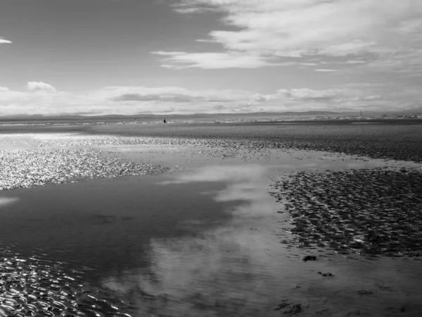 Beach Blundell Sands Southport Water Incoming Tide Reflecting Clouds Sky — Stock Photo, Image
