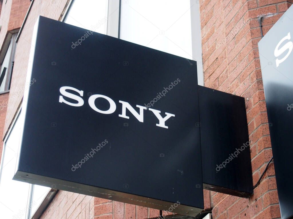 Leeds, west yorkshire - 17 June 2021: sign above a branch of a sony centre store in leeds city centre