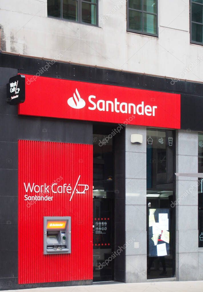 Leeds, west yorkshire - 17 June 2021: branch of a santander bank and work cafe on park row in leeds city centre