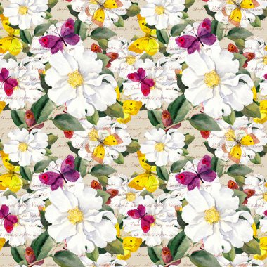 Metin mektup, çiçekler ve kelebekler. Sulu boya. Çiçek desenli yinelenen