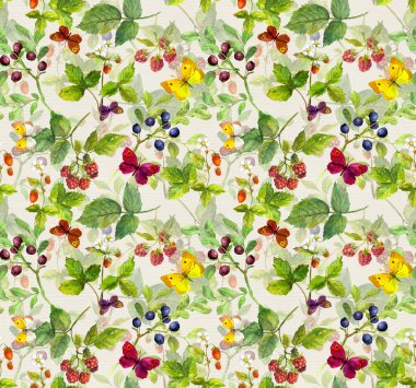 Yaz desen yabani otlar, kelebekler, çilek ile yinelenen arka plan-