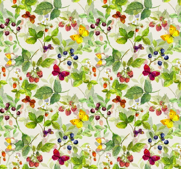 Yaz desen yabani otlar, kelebekler, çilek ile yinelenen arka plan-