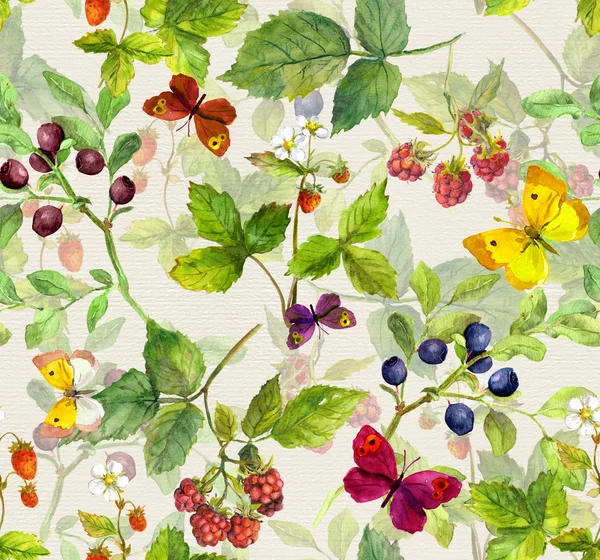 과일 및 나비 패턴을 반복 한다. 수채화 — 스톡 사진