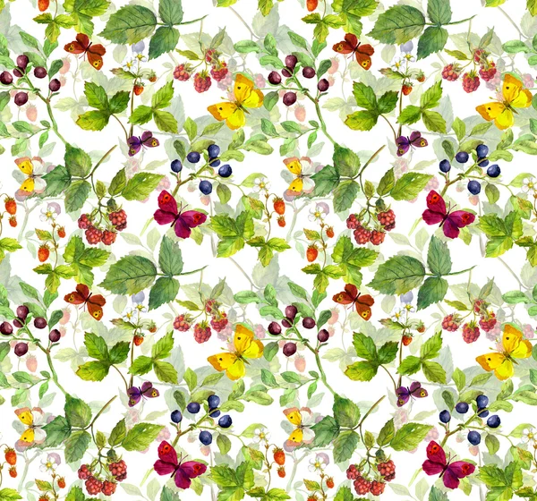 Бесшовный рисунок с луговой травой, бабочками и ягодами. Акварель — стоковое фото