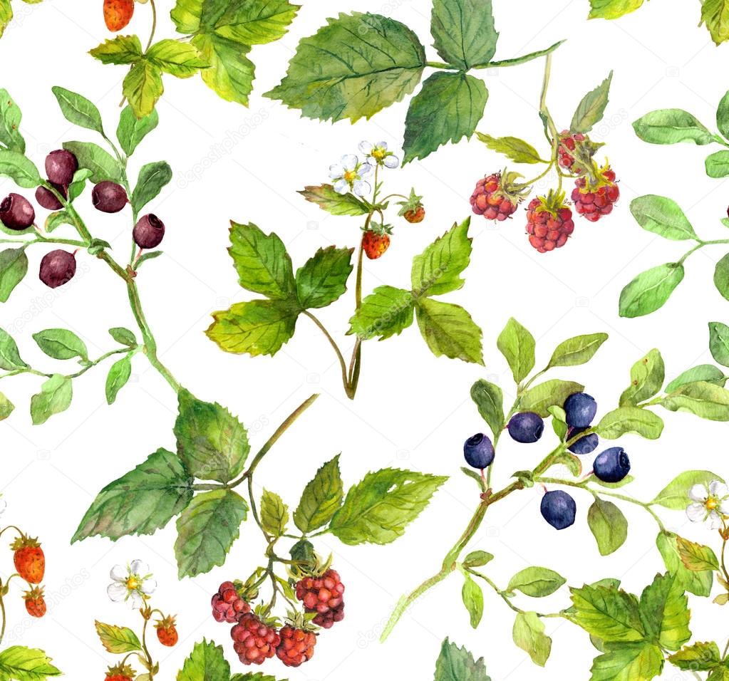 Summer background with berries - raspberry, strawberry, bilberry. Watercolor