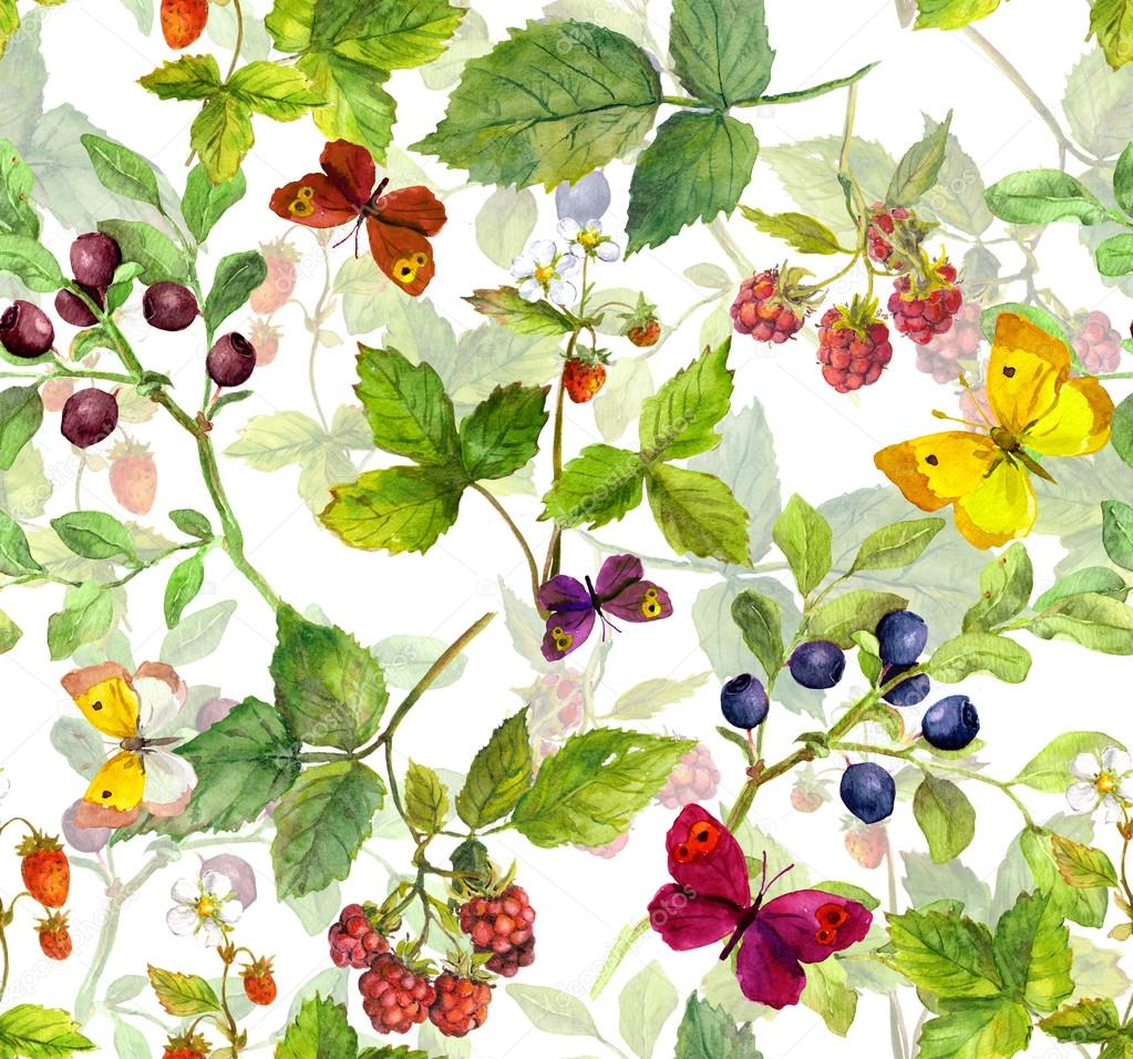 Wild herbs, butterflies and berries. Seamless meadow pattern . Watercolor