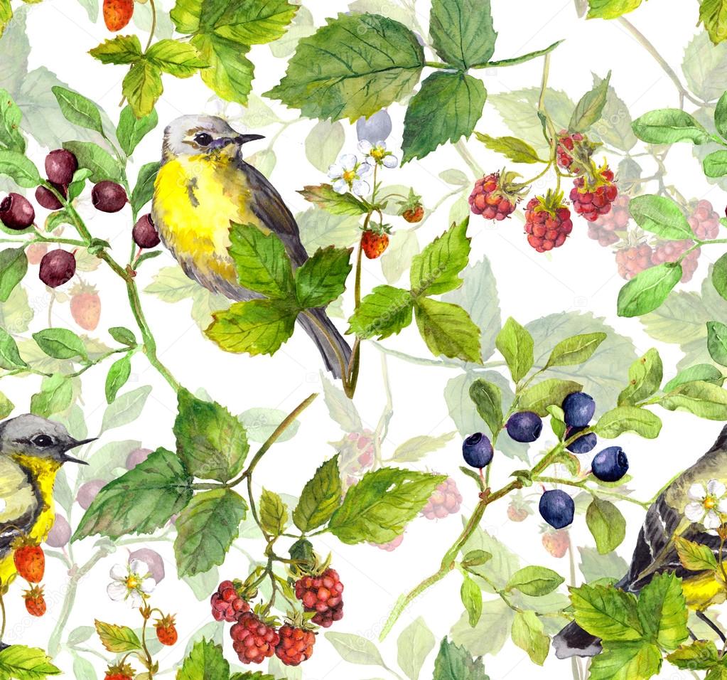 Summer meadow - seamless pattern with bird, herbs and berries. Watercolor