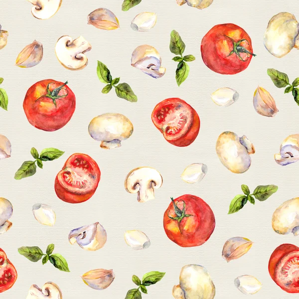 Patterned background with vegetarian vegetables: tomatoes, mushrooms, garlic and basil — Stock Photo, Image