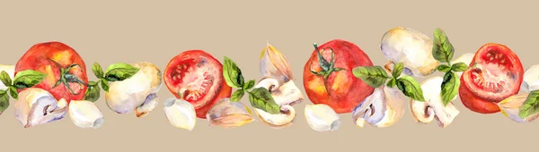 Patterned background with vegetarian vegetables: tomatoes, mushrooms, garlic and basil — Stock Photo, Image