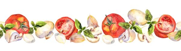 Gemusterter Hintergrund mit vegetarischem Gemüse: Tomaten, Pilze, Knoblauch und Basilikum — Stockfoto