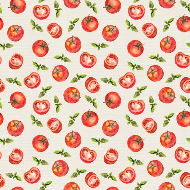 Keten doku üzerinde domates ve yeşil fesleğen ile Dikişsiz desen