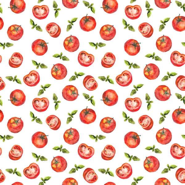 Naadloos herhaald sjabloon met tomaten groenten en groene basilicum — Stockfoto