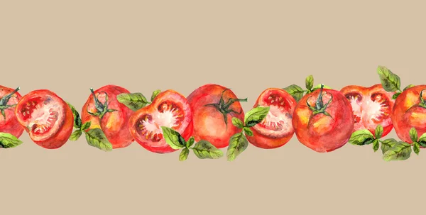 Horizontální bezešvé pruhy s rajčaty a bazalkou na hnědém pozadí — Stock fotografie