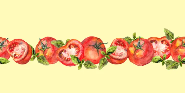 Fita de borda amarela repetida horizontal com tomate e manjericão — Fotografia de Stock
