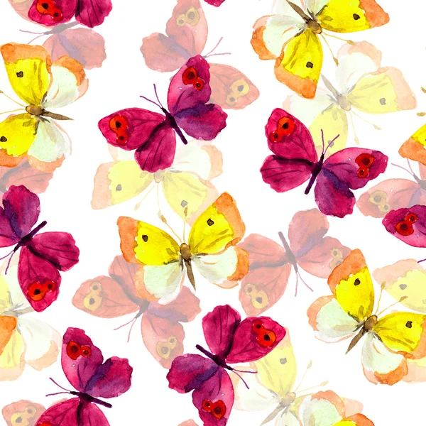 カラフルな水彩手でシームレスな春の壁紙塗装蝶 — ストック写真
