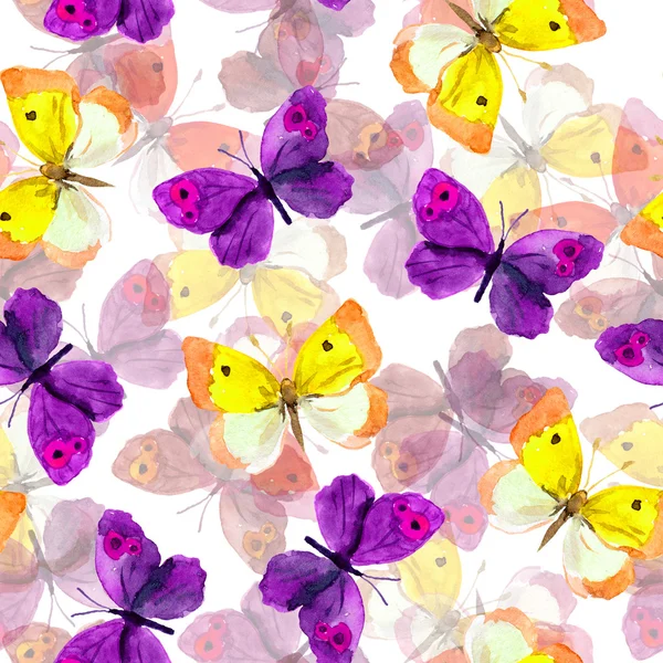 Fondo sin costuras con mariposas pintadas de acuarela brillante — Foto de Stock