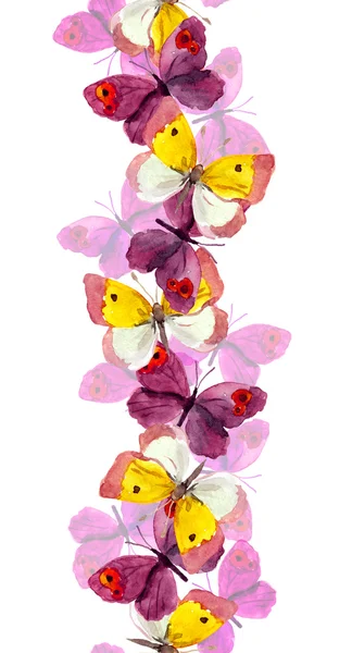 Seamless banner strip with butterflies isolated on white - watercolor — Stock Photo, Image