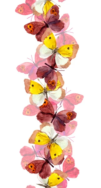 Seamless banner strip with butterflies isolated on white - watercolor — Stock Photo, Image