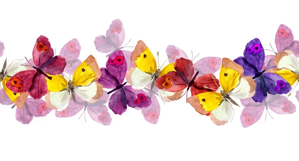 Seamless banner strip with butterflies isolated on white - watercolor — Stock Photo, Image