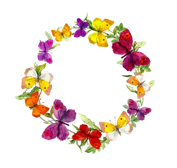 Kelebekler, ot, çayır çiçek çelenk kenar çerçevelemek. Suluboya