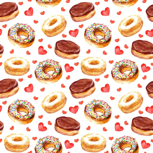 Tanımlama bilgilerini donuts ve sevgi kalpleri ile sorunsuz şablonu — Stok fotoğraf