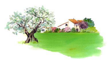 Provence, Fransa kırsal provencal evde. Suluboya