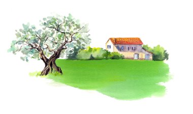 Provence, Fransa kırsal provencal evde. Suluboya