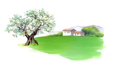 Provence, Fransa kırsal provencal evde. Suluboya