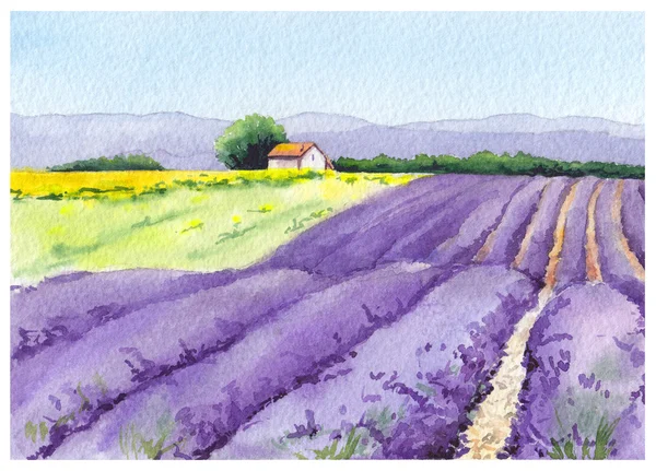 Lavendel veld met vakantiehuis in de Provence, Frankrijk. Aquarel — Stockfoto