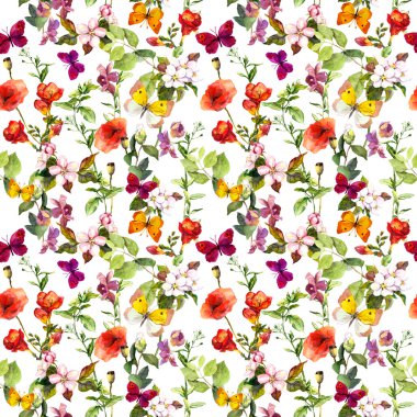 Çayır çiçekler ve kelebekler yinelenen desen. Suluboya