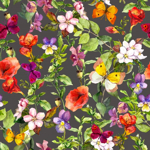 Flores de pradera y mariposas patrón de repetición. Acuarela — Foto de Stock