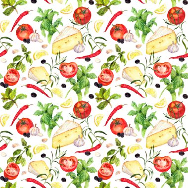 İtalyan mutfak pişirme arka plan yinelenen. Suluboya sebze