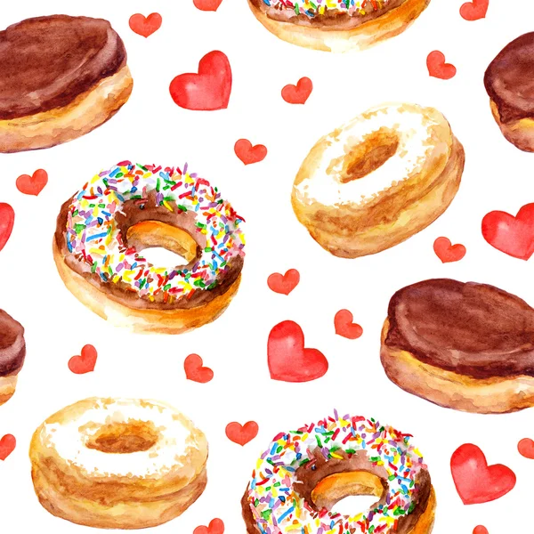 Tanımlama bilgilerini donuts ve sevgi kalpleri ile sorunsuz şablonu — Stok fotoğraf