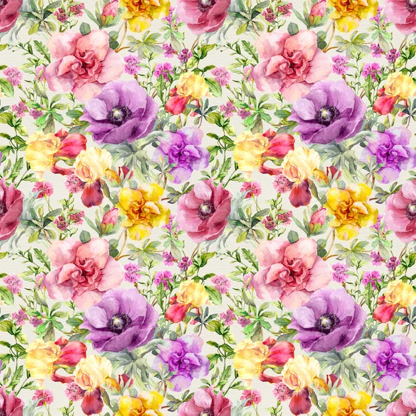 Λουλούδια στο Λιβάδι. Άνευ ραφής λουλουδάτο μοτίβο. Ακουαρέλα — Φωτογραφία Αρχείου
