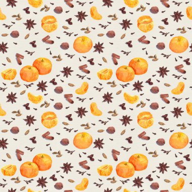 Suluboya kış baharat ve mandarin. Yinelenen desen