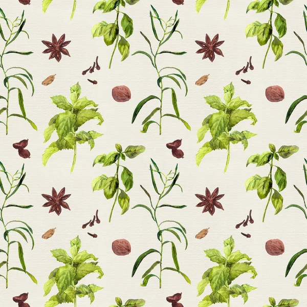 Species herbs for kitchen. Repeating watercolour wallpaper. — Stock Photo, Image