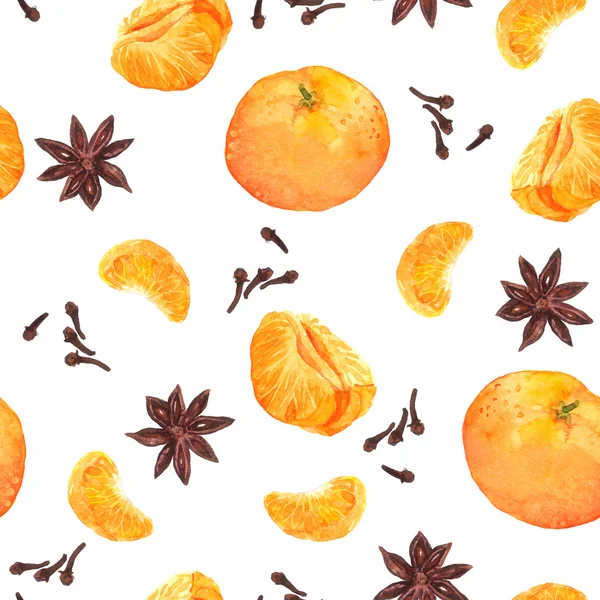 Naadloze achtergrond met mandarijn sinaasappelen en kruiden — Stockfoto