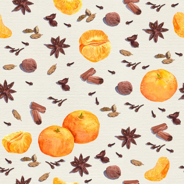 Acuarela especias de invierno y mandarina. Patrón de repetición — Foto de Stock