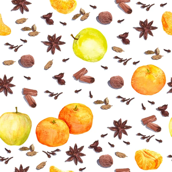 Акварельні зимові спеції та фрукти - яблуко, мандарин. Повторюваний шаблон — стокове фото