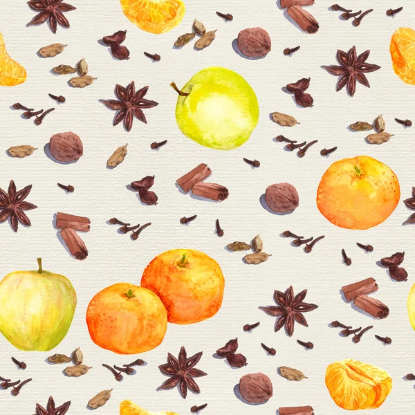 La acuarela las especias invernales y las frutas - la manzana, la mandarina. Patrón de repetición — Foto de Stock