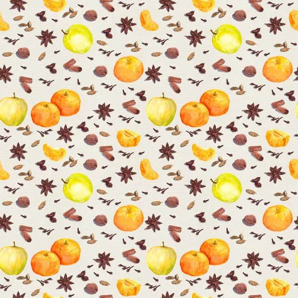 La acuarela las especias invernales y las frutas - la manzana, la mandarina. Patrón de repetición —  Fotos de Stock