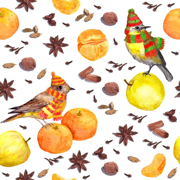 Watercolor winter spices and fruits - apple, mandarin with bird