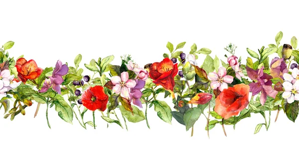 Zomer weide bloemen en vlinders. Frame met herhalend. Aquarel — Stockfoto