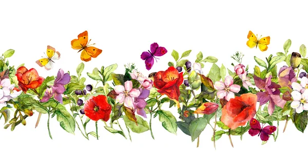 Fleurs et papillons des prés d'été. Cadre répétitif. Aquarelle — Photo
