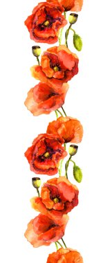 Sorunsuz saçak çerçeve haşhaş kırmızı çiçekli. Aquarelle grup boyalı