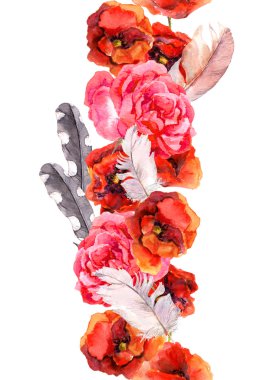 Kırmızı ve pembe çiçekler ile sorunsuz suluboya çerçeve çiçek sınır. Aquarel